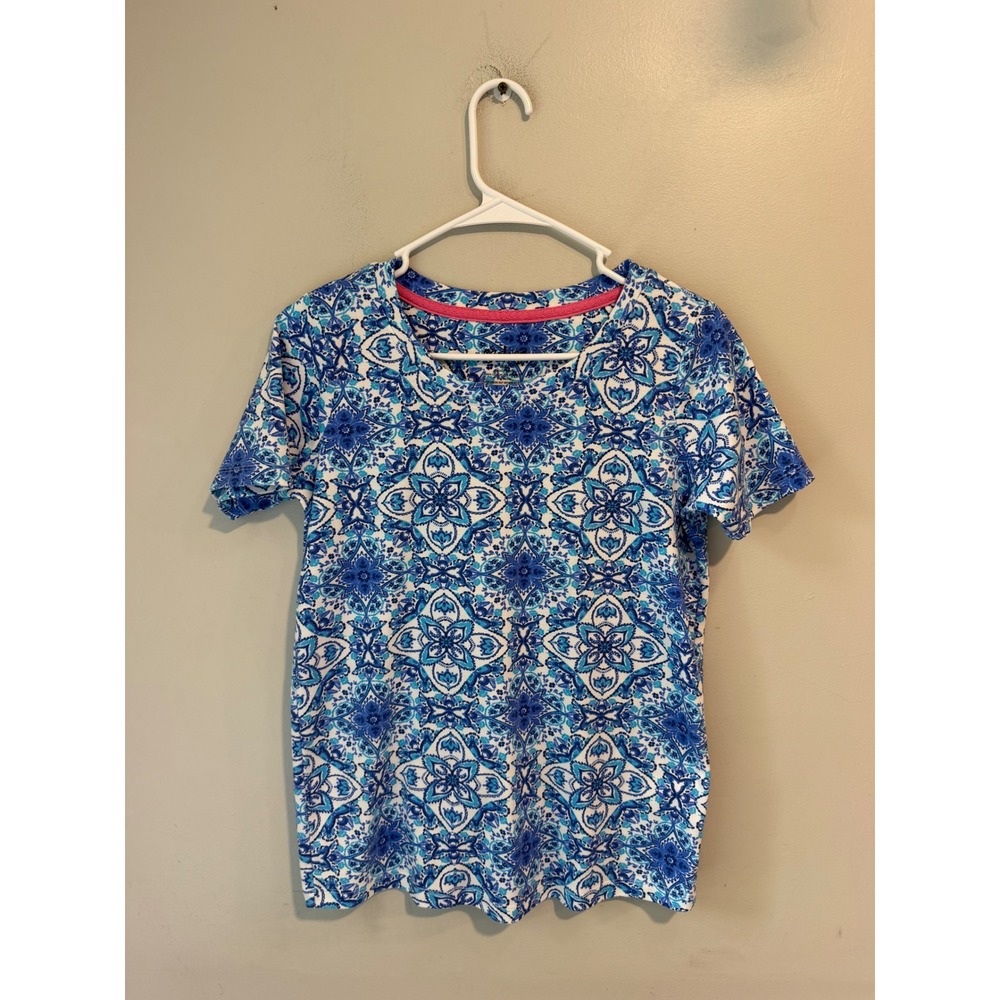 Cg•l•cg Womens Blue White Medallion Tile Print Cotton Blend T-Shirt Small